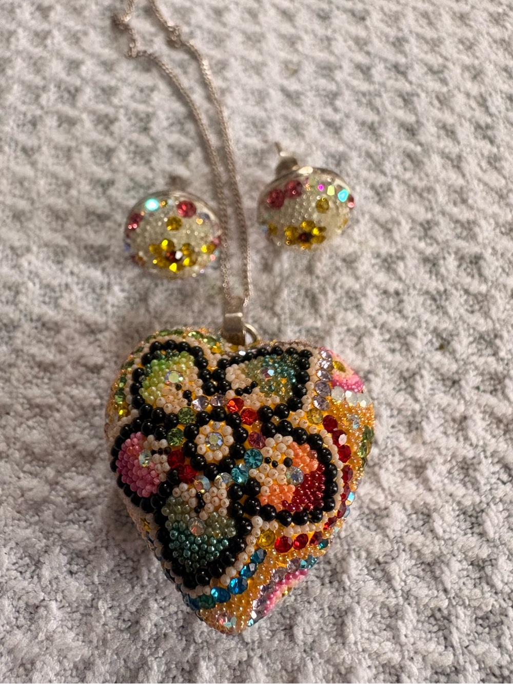 Vintage Matching Set Sterling Silver Puffy Heart Pendant Necklace 24 Huichol Sty